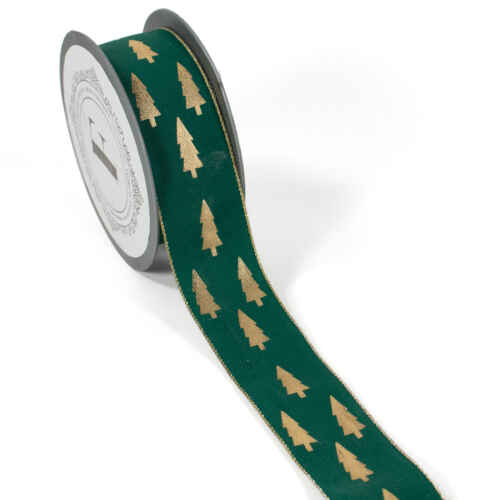 Платнена зелена лента на златни елхи - 225525 - 3.5см/10м