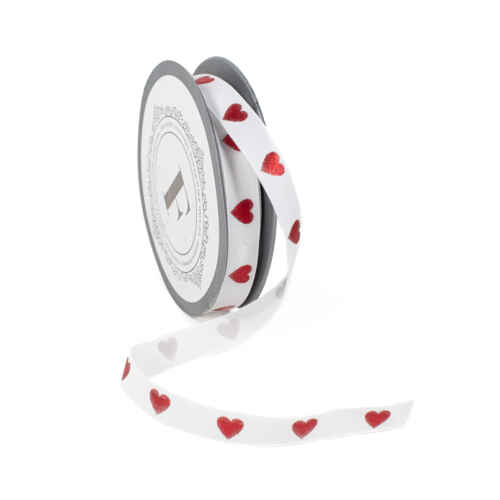 Лента на сърца металик 1.5см х 10м / бяло-червено / 225459